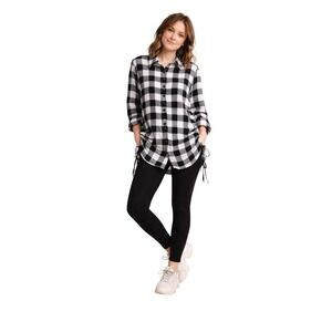 Black White Buffalo Check Plaid Womens Tunic Top XL Ruched Sides Cozy Cabincore